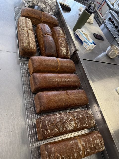 A day’s bread cooling on racks in a working kitchen