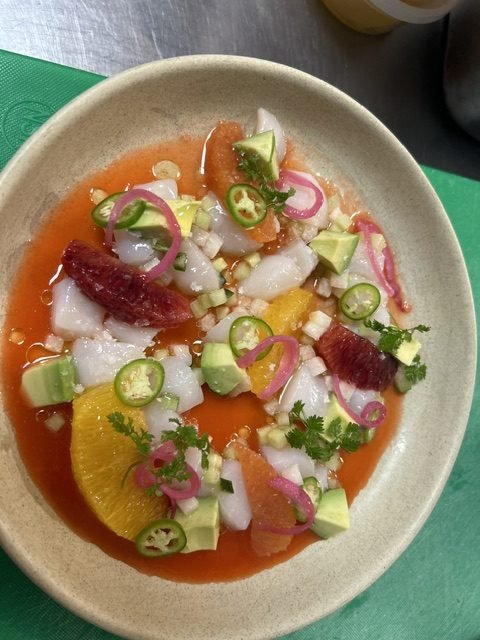Aguachile with avocado, citrus and pickled onion