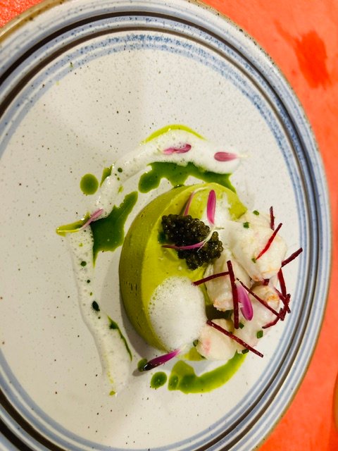 Crab and avocado with caviar and a herb oil