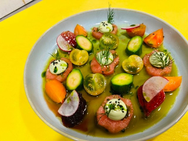 Cured fish with heirloom tomatoes and cucumber